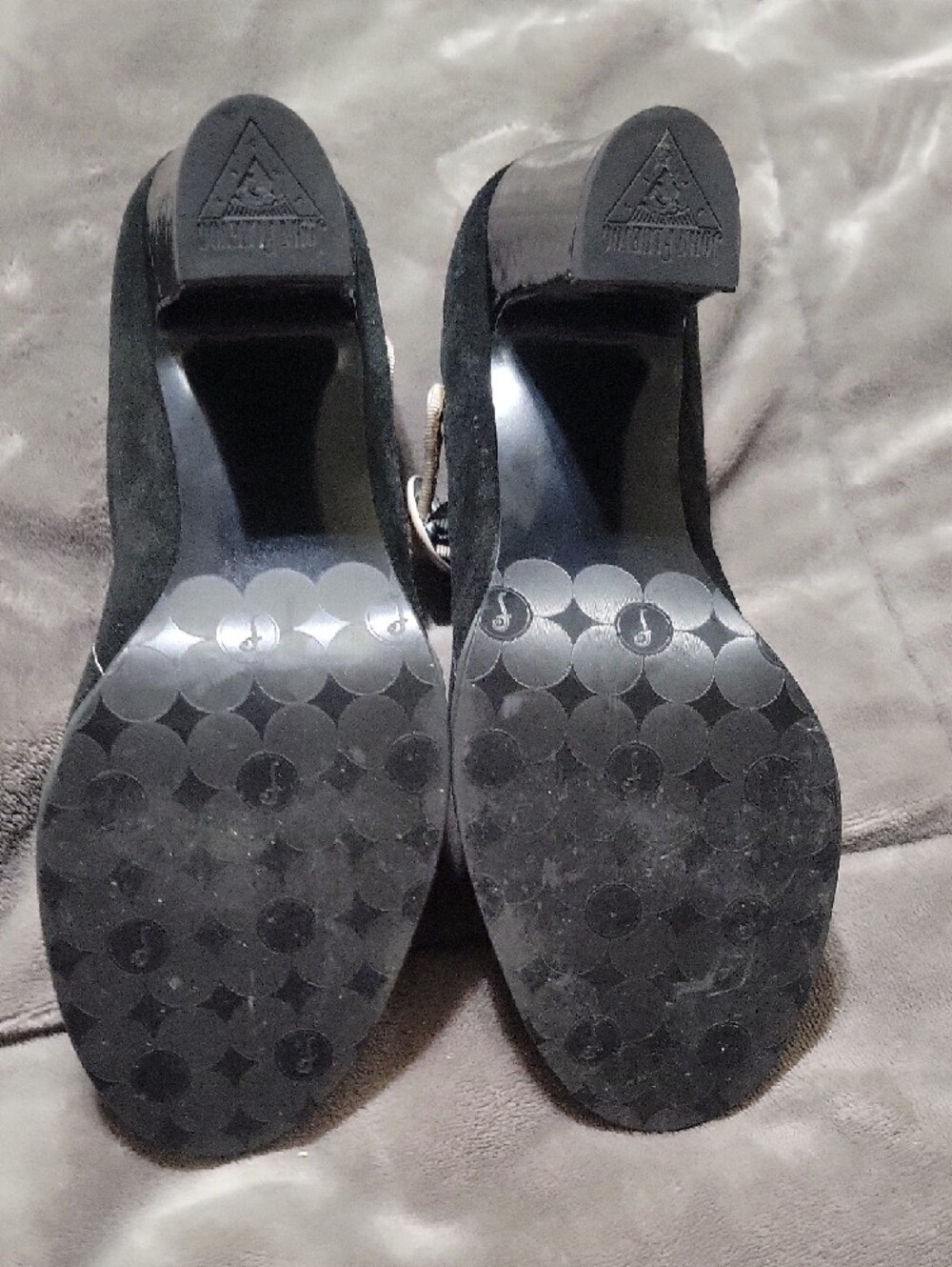 John Fluevog Black Heels with Cream Trim and Round Buckle - Picture 7 of 9